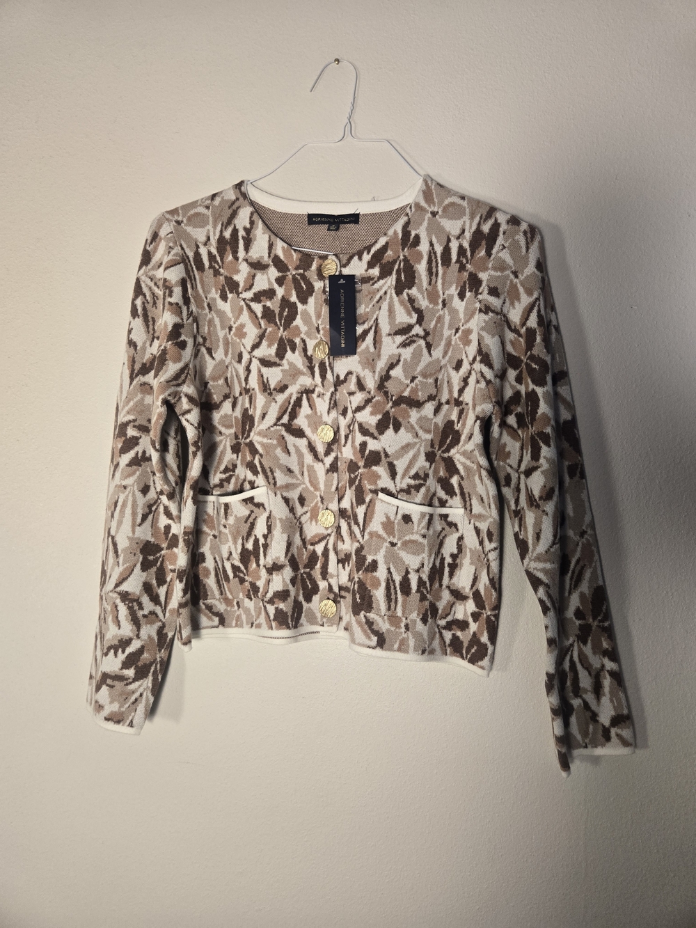 Adrienne Vittadini Brown & Cream Leaf-Print Cardigan Blazer